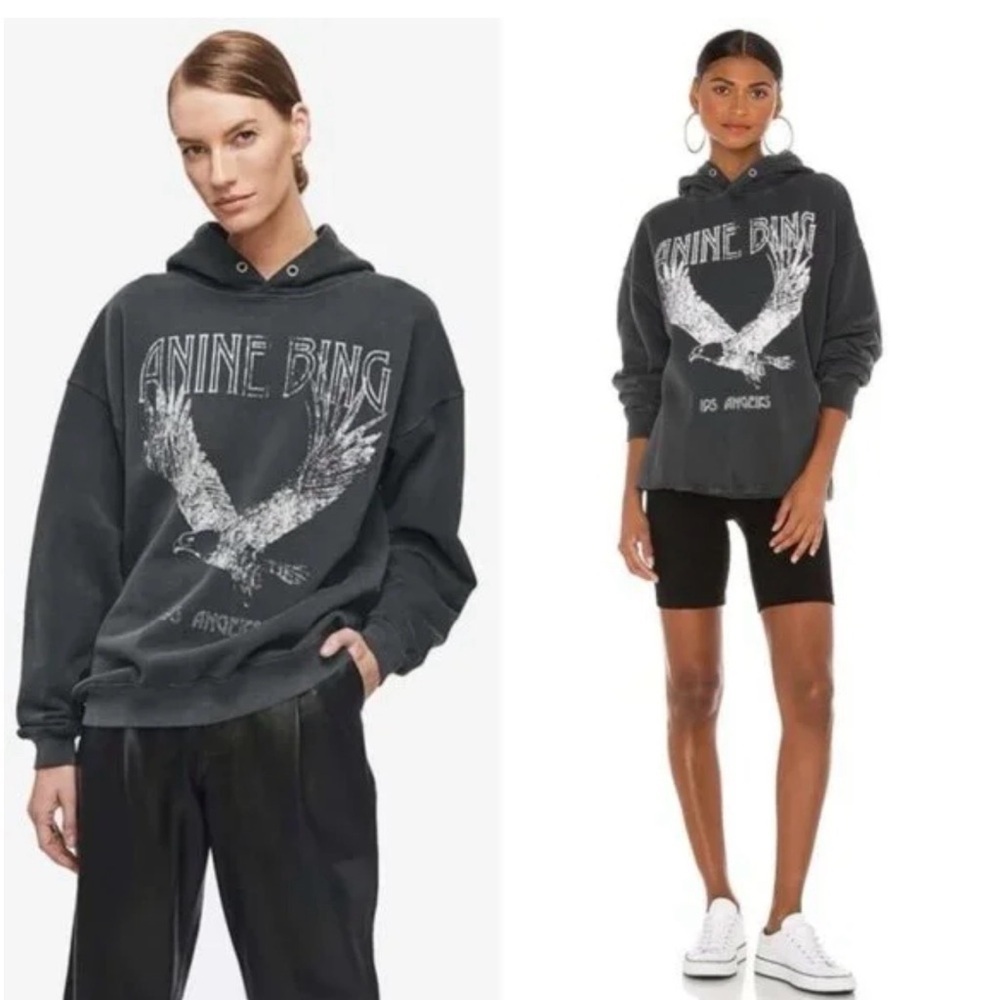 Anine Bing Charcoal Hoodie with Eagle Graphic AS0159